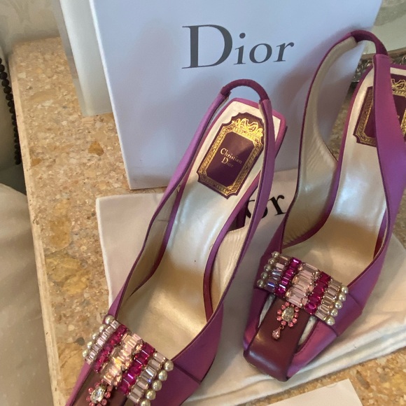 COPY - Christian Dior Sling back Jeweled Satin & leather Vintage Pink - Purple …